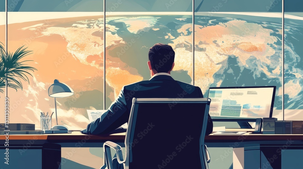 Poster a man is sitting at a desk with a computer monitor in front of him