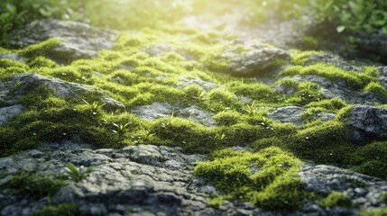 Naklejka premium Green moss growing on rocks with some sunlight shining down