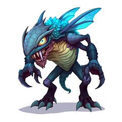 A monster creature in a cartoon game world resembling a reptile in color, with fangs and sharp claws on a white background