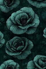 Fototapeta premium Dark Green Floral Pattern, Seamless Botanical Design With Large Flowers, Vintage Textile Design