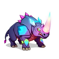 Fototapeta premium The creature is a monster in the cartoon game world resembling a rhinoceros, with a thick shell with bright multicolored patches of bright stones all over its body and a sharp large horn on a white ba