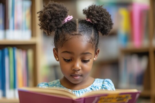 Cute black girl reading a book in the library