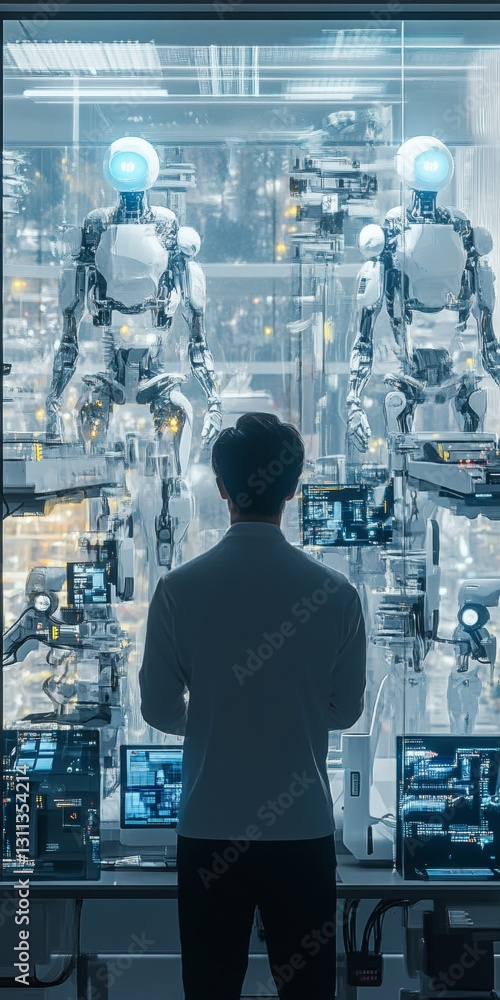 Poster a man is looking at a display of robots
