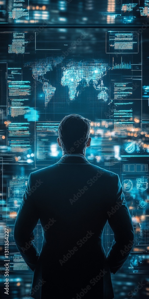 Poster a man is standing in front of a computer screen with a blue background