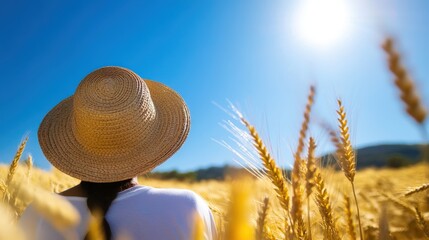 Woman in Straw Hat Stands in Golden Wheat Field