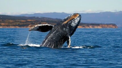 Humpback whale breaching in the ocean coastal waters marine life natural habitat up close wildlife tracking