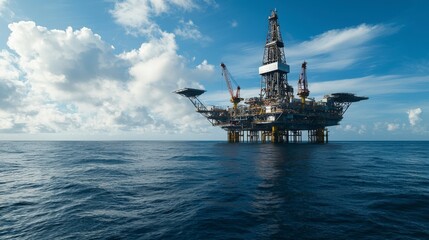 High-tech offshore oil platform operations ocean industrial photography clear skies wide angle environmental impact
