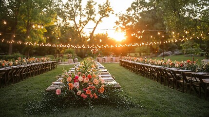 Elegant outdoor wedding reception at sunset with floral arrangements and string lights
