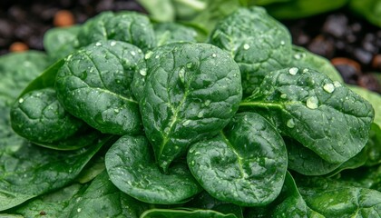 Obraz premium Garden Fresh A Close-Up View of Vibrant Green Spinach Leaves with Sparkling Water Drops