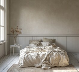 Cozy bedroom with natural linen bedding
