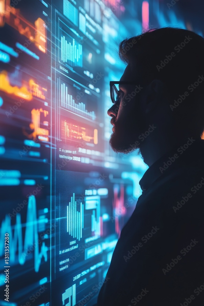 Poster a man is looking at a computer screen with a lot of numbers and graphs