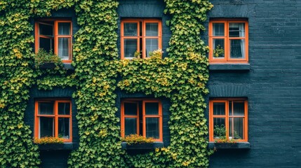 Naklejka premium Building with ivy and orange-framed windows, exterior wall