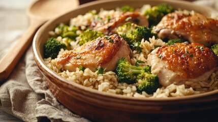 Freshly cooked rice with golden-brown chicken