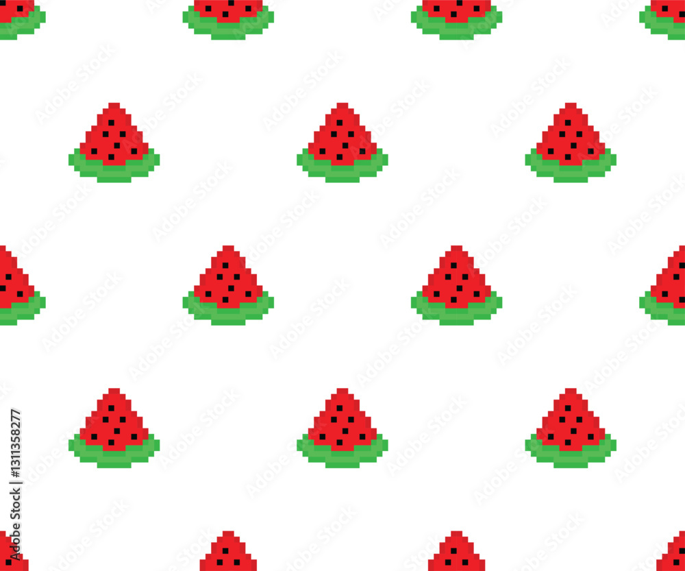 Poster pixel watermelon seamless pattern vector summer background pixel art for 8 bit game