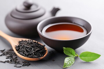 A serene tea setup featuring black tea, a teapot, and fresh leaves
