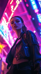 Obraz premium Urban Nighttime Portrait of Model with Neon Lights and Stylish Outfit