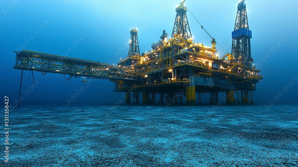 Aufkleber Aerial view of offshore oil rigs monitoring underwater structures in aquatic environments with exploration tech