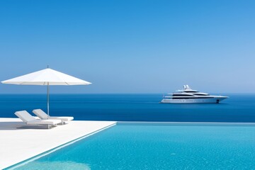 Fototapeta premium Luxurious poolside view with yacht sailing in the serene blue ocean