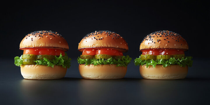 Mini gourmet burgers with lettuce, pickles, and tomato on sesame buns, vibrant and fresh ingredients creating delicious harmony, simple yet mouthwatering.