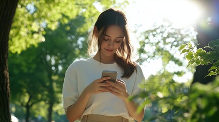 Woman using smartphone park sunny day. AI generated