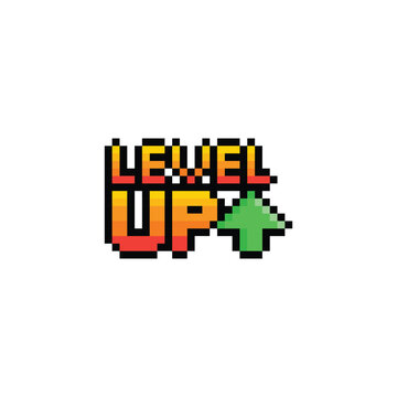 level up button 8 bit text level up Pixel art 8-bit for game you win