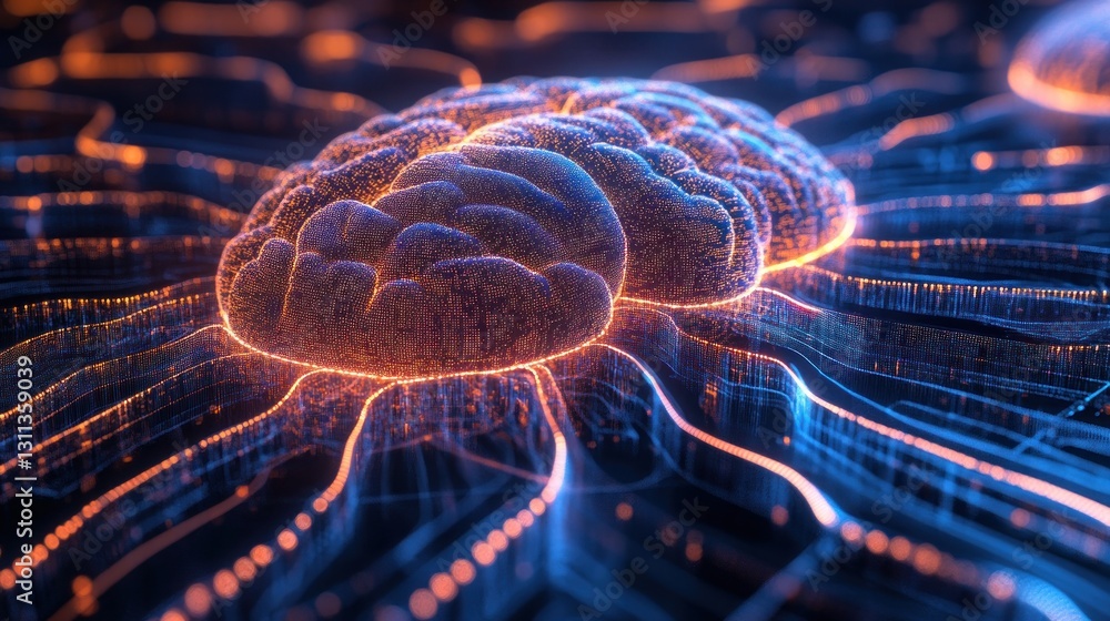 Poster glowing human brain connected to neural network.