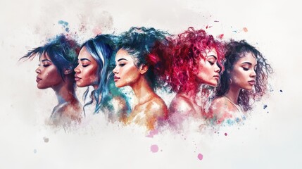 Five women, each with different hairstyles and cultural influences
