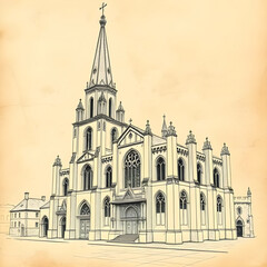 Fototapeta premium AI-Generated Historical Gothic Cathedral Architecture Drawing with Vintage Church Blueprint