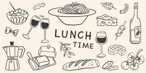 Minimalist hand drawn food and drinks illustration. Sketch lunch icons in crayon drawing style. Vector of wine glass, spaghetti, olives, cheese. Doodle mediterranean food. La dolce vita italian style