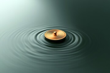 A gold coin creates ripples on a dark green surface