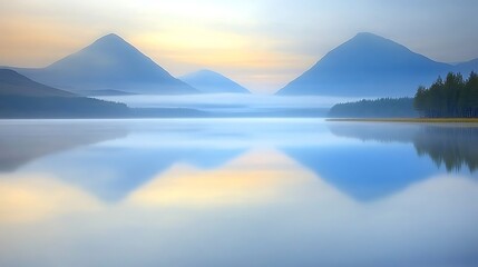 Beautiful lake reflecting the mountains during a hazy and serene morning