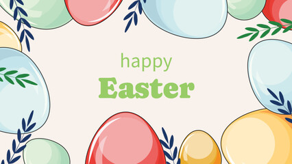 Soft hued horizontal banner adorned with Easter eggs, ideal for cards and ads. Pastel composion