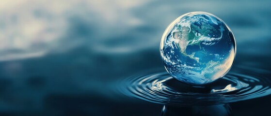 A close-up of a globe reflecting on water, creating ripples, symbolizing the Earth and its interconnectedness with nature.