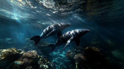Fototapeta premium Whales swimming through warm ocean currents tropical waters underwater scene vibrant environment serene viewpoint