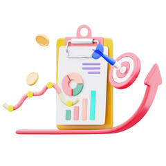 Business report on upward arrow paper sheets clipboard data pie graph chart with coins and dart board icon illustration. Concept of growth market profit increase 3d render illustration image