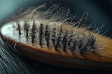 Hair Loss Closeup Wooden Hairbrush Dark Brown Hair Texture Detailed Image Care Scalp Photo Macro    
