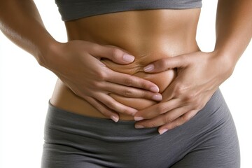 Woman Hands Holding Stomach Fat Excess Skin Health Body Care Wellness Fitness Diet Weight Loss Lose Weight Abdomen Female Shape Slim Pinch Image      