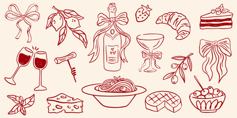 Hand drawn chalk food illustrations. Wedding or romantic dinner icons. Summer Italian picnic. Champagne, cheese, dessert drawings for wedding invitations, cafe, parties. La dolce vita concept.