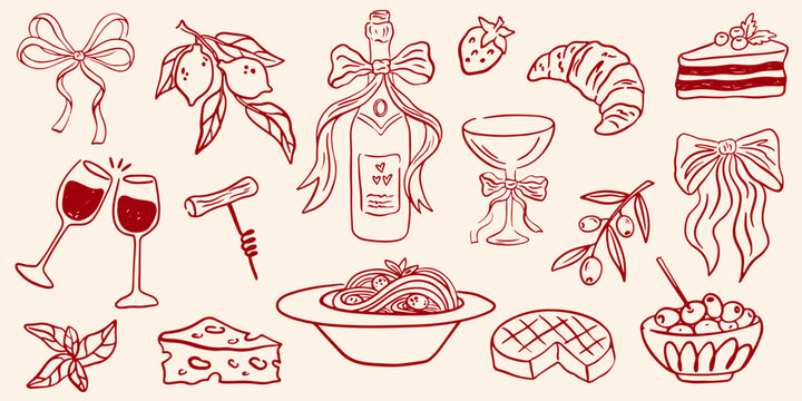 Hand drawn chalk food illustrations. Wedding or romantic dinner icons. Summer Italian picnic. Champagne, cheese, dessert drawings for wedding invitations, cafe, parties. La dolce vita concept.