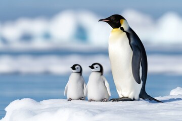 A majestic emperor penguin stands beside its two adorable chicks on ice