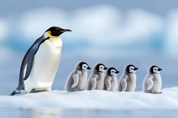 Obraz premium An emperor penguin stands proudly beside its adorable fluffy chicks on ice