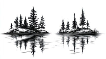 Two Islands with Pine Trees Reflected in Water, Graphic Art, Design
