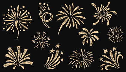 Doodle crayon fireworks. Set of colorful pencil drawn lightning, explosion, sun rays, swirls, firecrackers, sparkles, motion effects. Bursting rays line icon. Vector illustration in kid's style