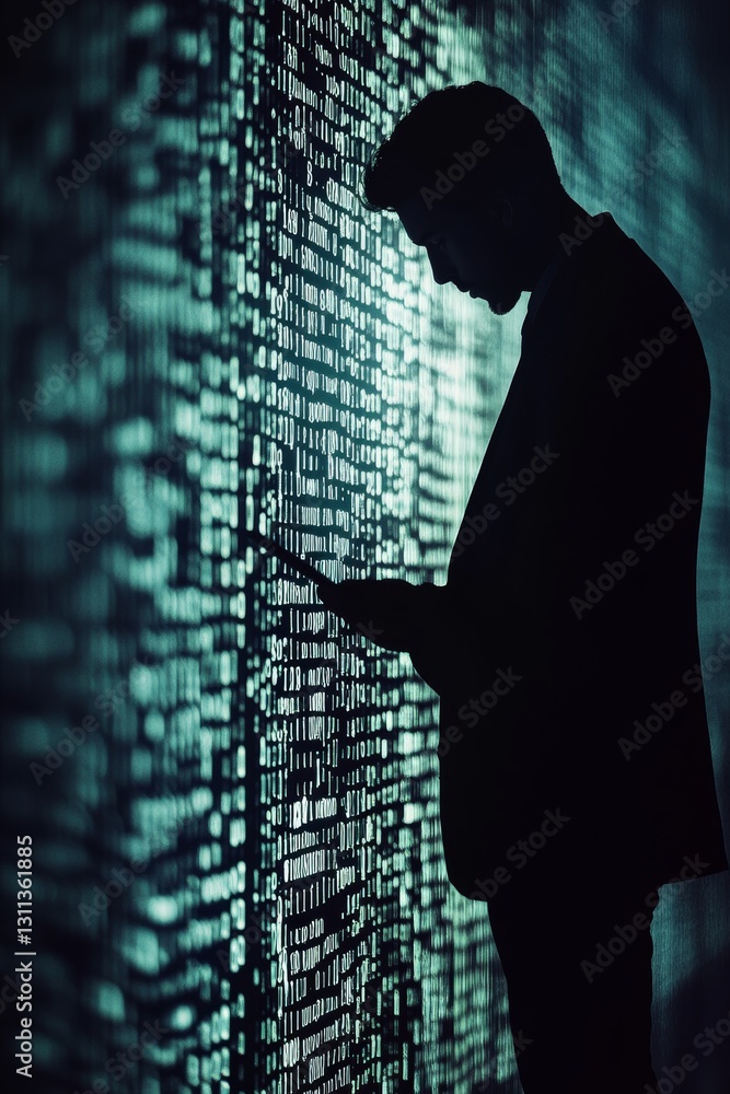 Poster a man is looking at a tablet while standing in front of a wall of binary code