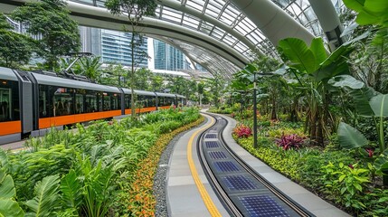Naklejka premium Tram traveling through lush indoor garden with modern architecture