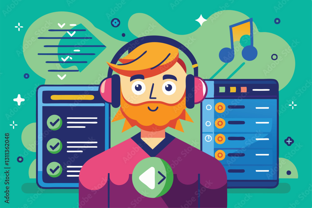 Poster a cartoon character with headphones stands in front of customizable playlists and music notes within