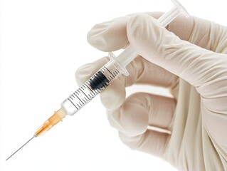 A gloved hand holds a syringe filled with a liquid, emphasizing themes of healthcare and medical procedures.