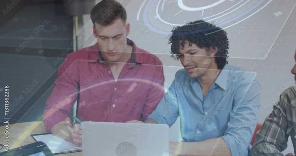 Poster two men collaborating on laptop with digital interface animation overlay