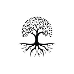 Black and white vector tree silhouette with roots