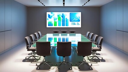 Modern conference room with long glass table and ergonomic chairs, large digital screen displaying glowing charts and graphs, softly lit background creating a professional and futuristic ambiance  
